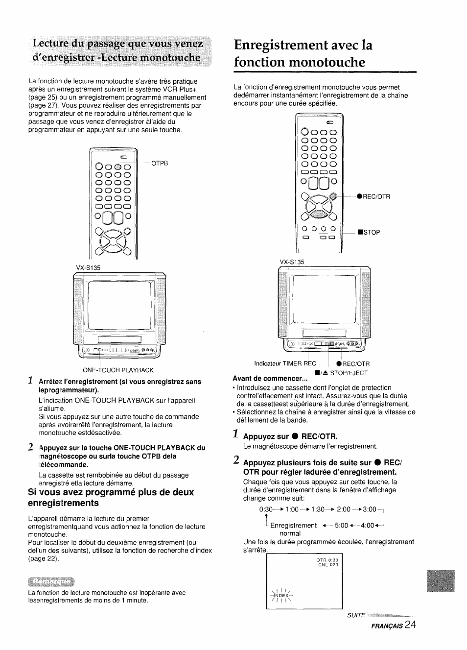 F appuyez sur • rec/otr, Enregistrement avec la fonction monotouche, O o o o | Aiwa VX-S135U User Manual | Page 97 / 110