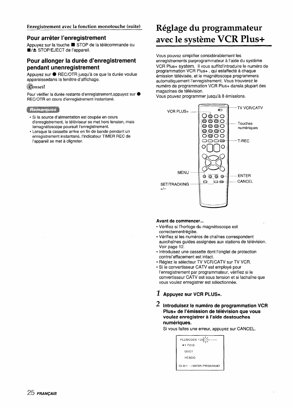 Pour arrêter renregistrement, Réglage du programmateur avec le système vcr plus, Avant de commencer | Aiwa VX-S135U User Manual | Page 98 / 110