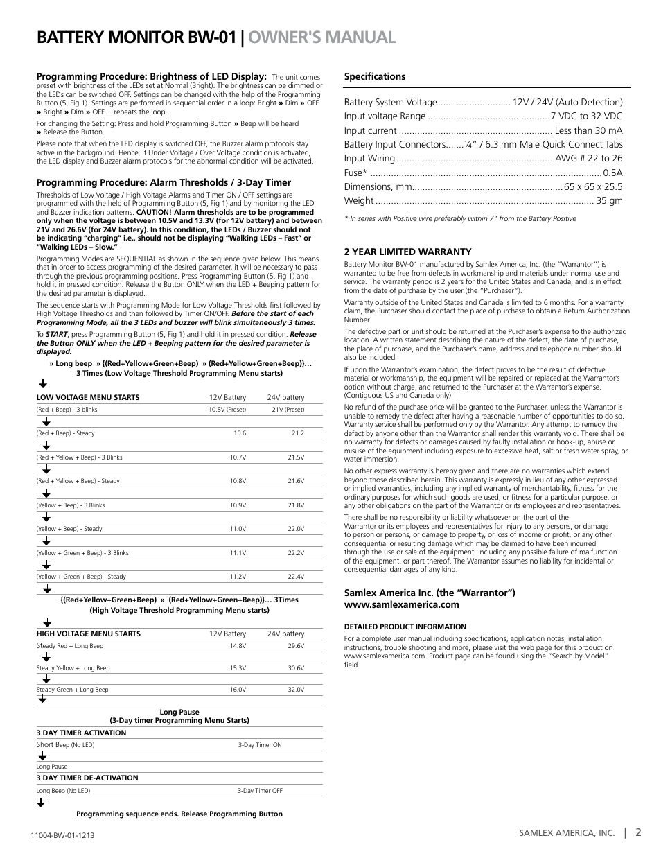 Battery monitor bw-01 | owner's manual, Programming procedure: brightness of led display, 2 year limited warranty | Samlex America BW-01 User Manual | Page 2 / 2