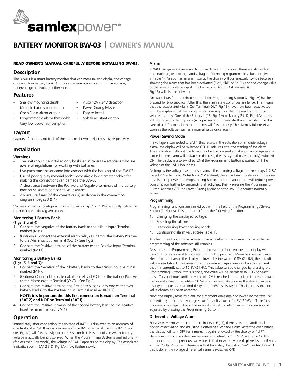 Samlex America BATTERY MONITOR BW-03 User Manual | 4 pages