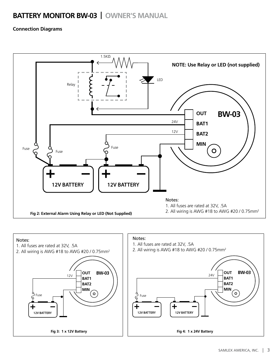 Bw-03, Battery monitor bw-03 | owner's manual, 12v battery | Samlex America BATTERY MONITOR BW-03 User Manual | Page 3 / 4