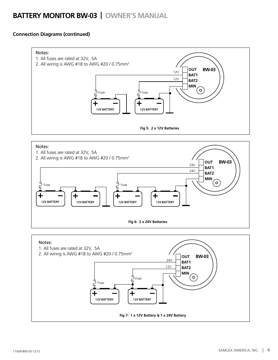 Battery monitor bw-03 | owner's manual, Connection diagrams (continued) | Samlex America BATTERY MONITOR BW-03 User Manual | Page 4 / 4