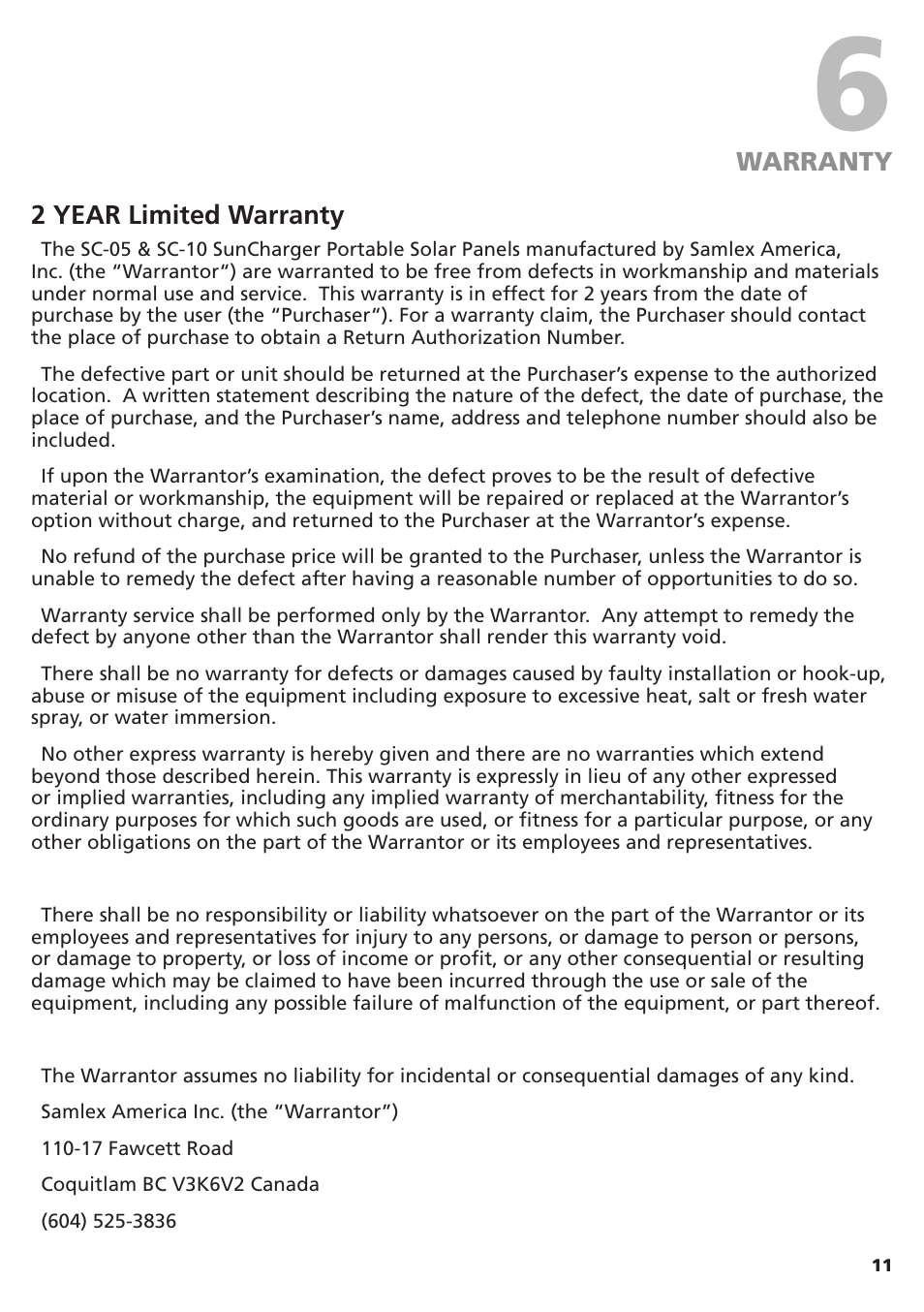 Warranty 2 year limited warranty | Samlex America SC-10 User Manual | Page 11 / 12