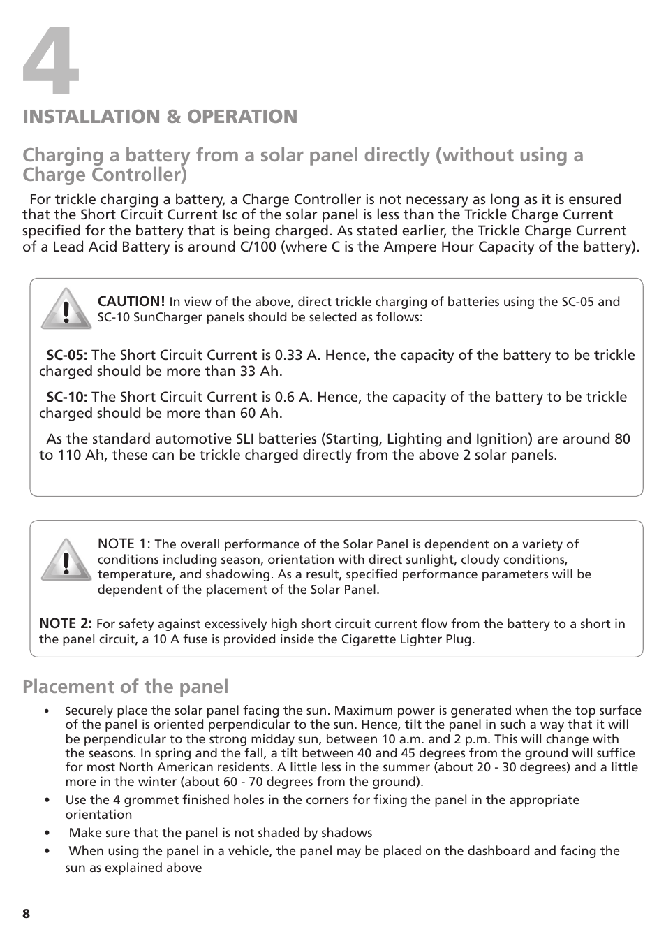 Placement of the panel | Samlex America SC-10 User Manual | Page 8 / 12