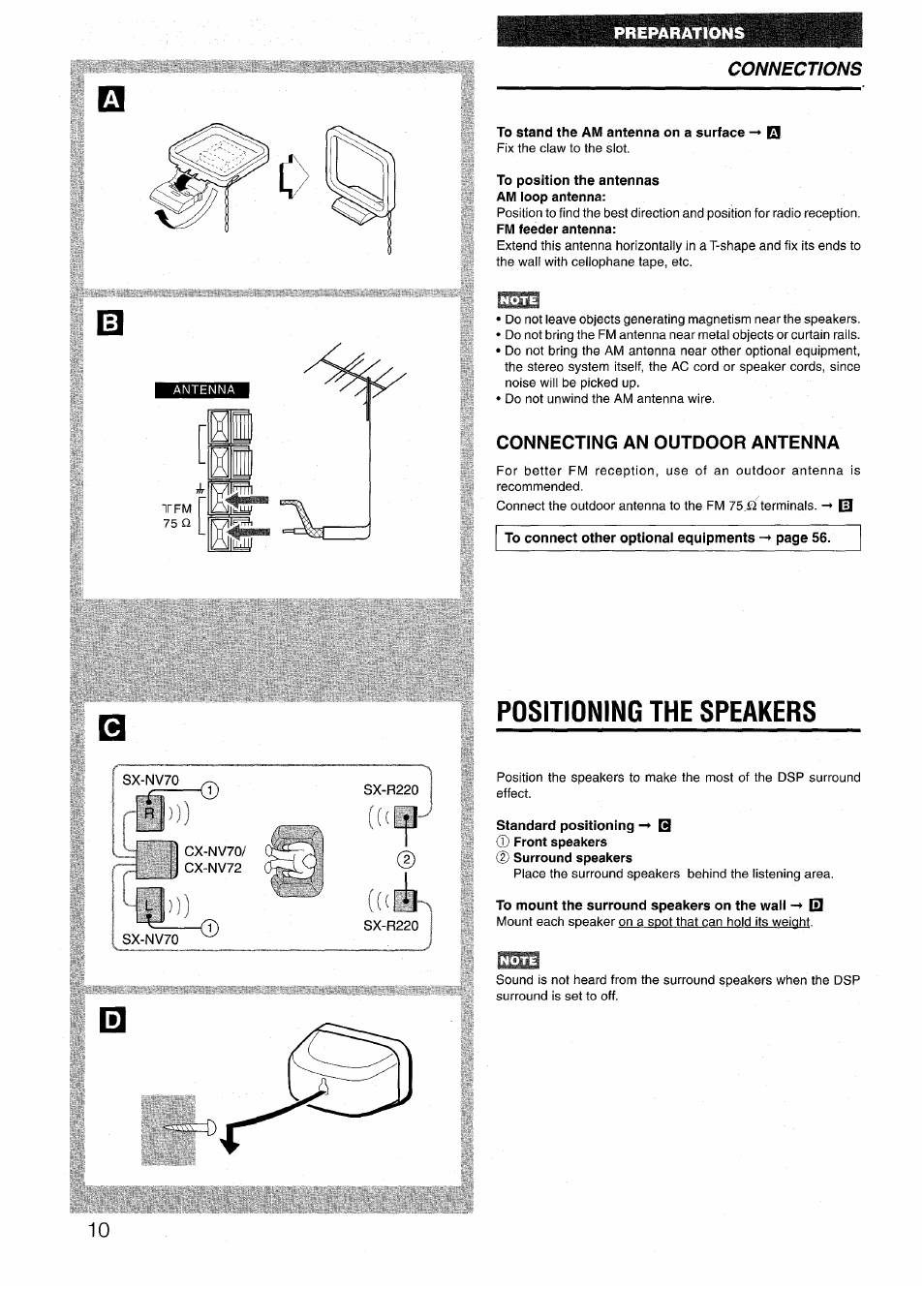 To stand the am antenna on a surface, To position the antennas am loop antenna, Connecting an outdoor antenna | Positioning the speakers, To mount the surround speakers on the wall id | Aiwa NSX-V72 User Manual | Page 10 / 68