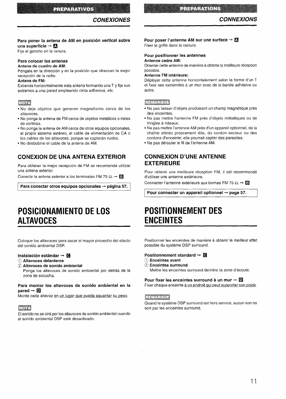 Pour poser l’antenne am sur une surface m, Pour positionner les antennes antenne cadre am, Conexion de una antena exterior | Connexion d’une antenne exterieure, Posicionamiento de los altavoces, Pour fixer les enceintes surround à un mur -* 0, Conexiones connexions | Aiwa NSX-V72 User Manual | Page 11 / 68