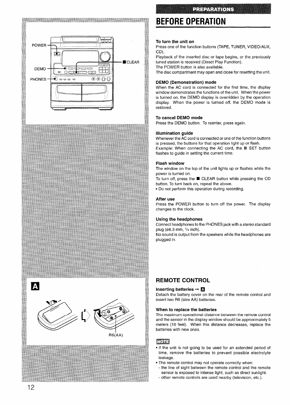 Before operation, To turn the unit on, To cancel demo mode | Illumination guide, Flash window, After use, Using the headphones, Remote control, When to replace the batteries | Aiwa NSX-V72 User Manual | Page 12 / 68