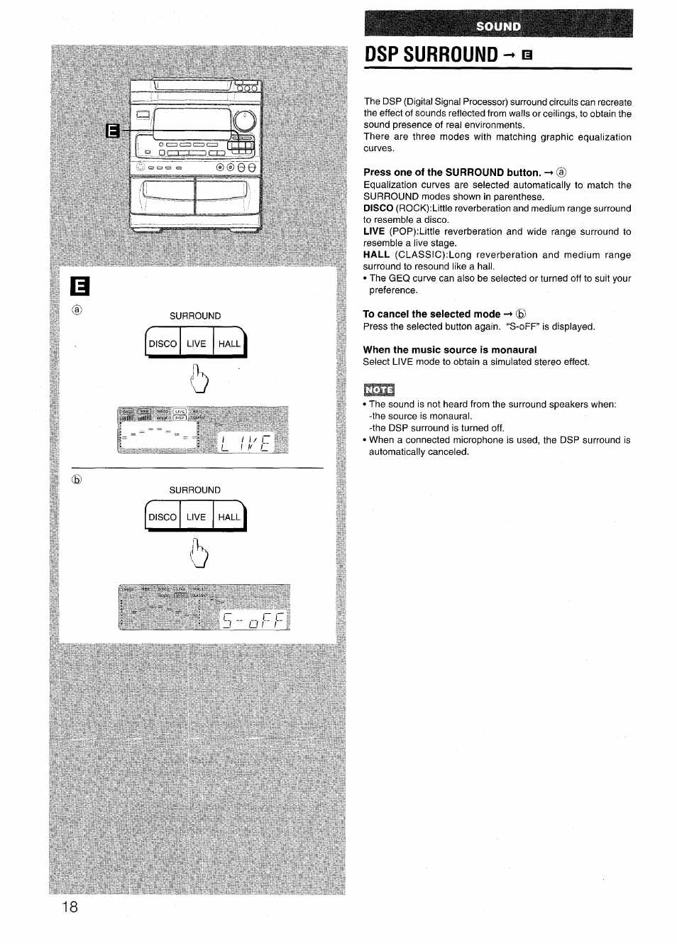 Dsp surround ^ n, Press one of the surround button. -» (d, To cancel the selected mode | When the music source is monaural, Dsp surround | Aiwa NSX-V72 User Manual | Page 18 / 68