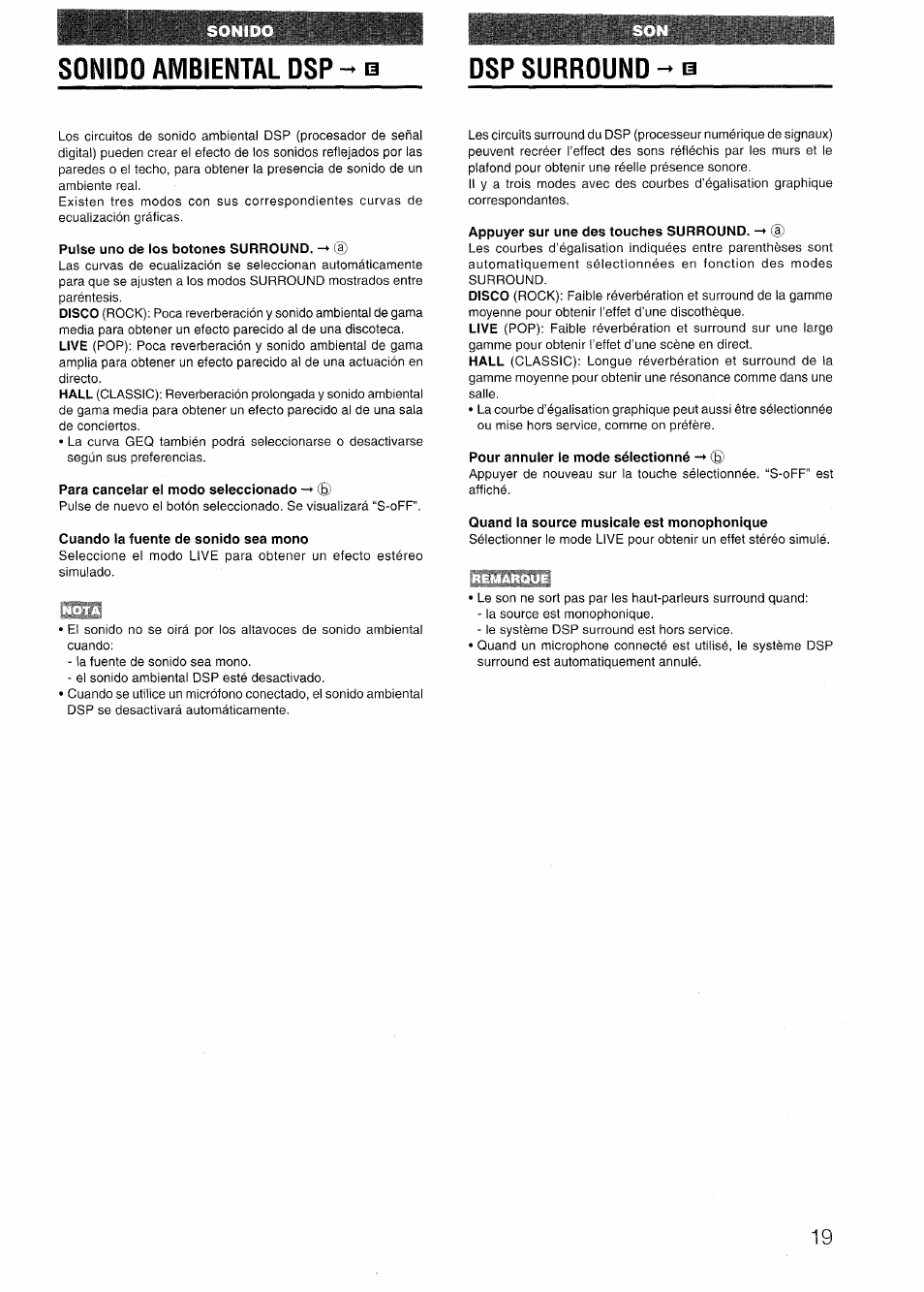 Sonido ambiental dsp ^ b, Pulse uno de los botones surround, Para cancelar el modo seleccionado | Cuando la fuente de sonido sea mono, Appuyer sur une des touches surround, Pour annuler le mode sélectionné, Quand la source musicale est monophonique, Sonido ambiental dsp, Dsp surround a | Aiwa NSX-V72 User Manual | Page 19 / 68