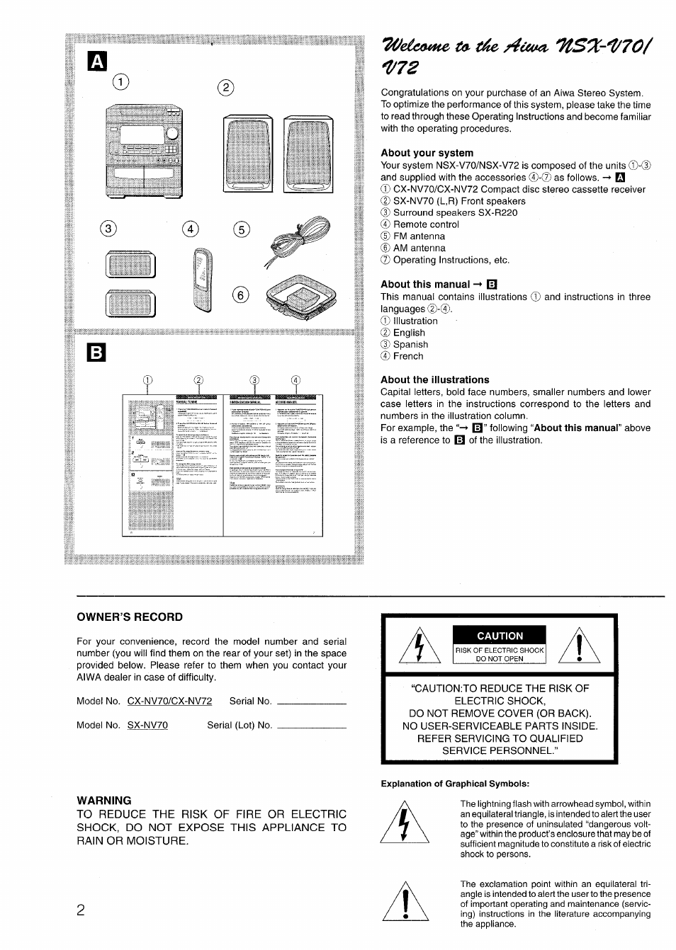 About your system, About this manual -* q, About the illustrations | Owner’s record, Caution, Warning, Veieome t» tae. /4uva- 