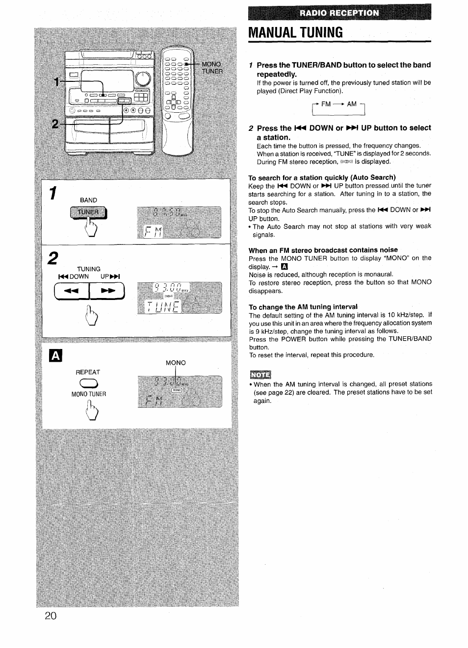 Manual tuning, To search for a station quickly (auto search), When an fm stereo broadcast contains noise | To change the am tuning interval | Aiwa NSX-V72 User Manual | Page 20 / 68