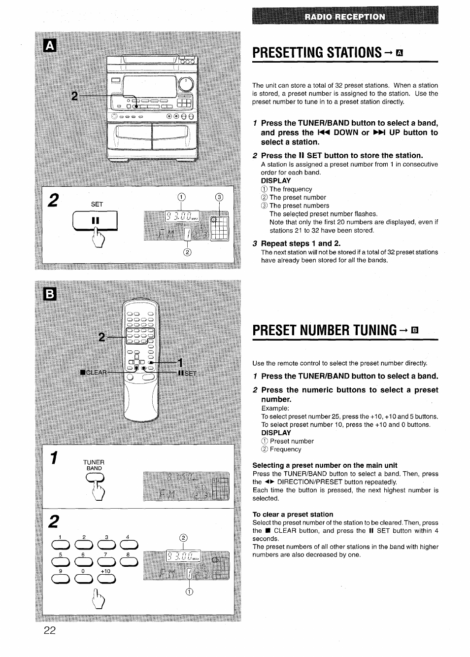 Presetting stations - 0, 2 press the ii set button to store the station, 3 repeat steps 1 and 2 | Preset number tuning, 1 press the tuner/band button to select a band, Selecting a preset number on the main unit, To clear a preset station, Presetting stations preset number tuning, P 11 | Aiwa NSX-V72 User Manual | Page 22 / 68