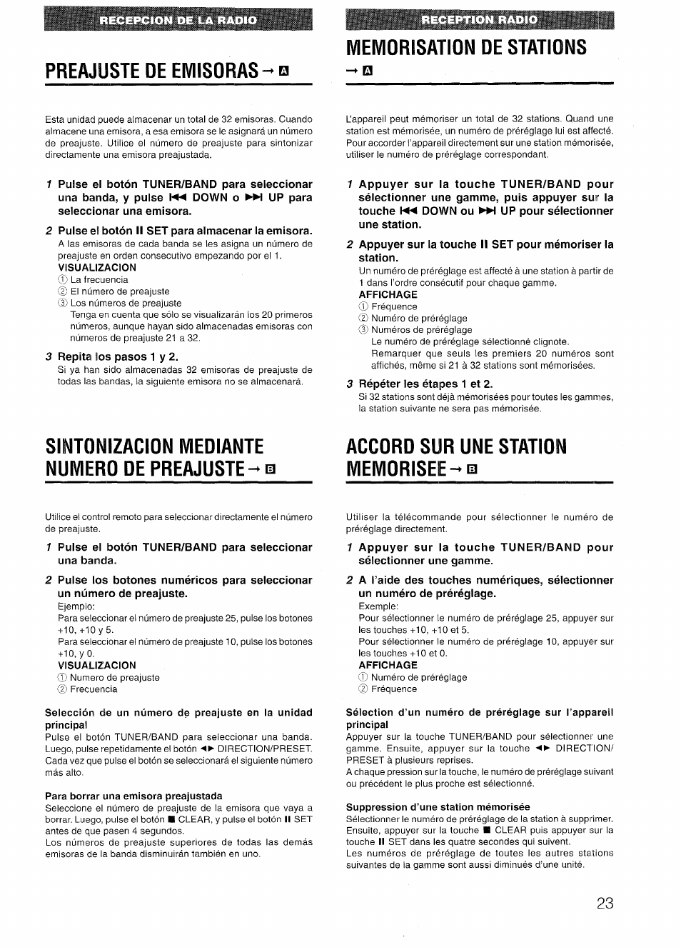 Preajuste de emisoras, Memorisation de stations, Visualizacion | Sintonizacion iviediante numero de preajuste-i, Accord sur une station memorisee, Para borrar una emisora preajustada, Suppression d’une station mémorisée, Sintonizacion mediante numero de, Preajuste | Aiwa NSX-V72 User Manual | Page 23 / 68