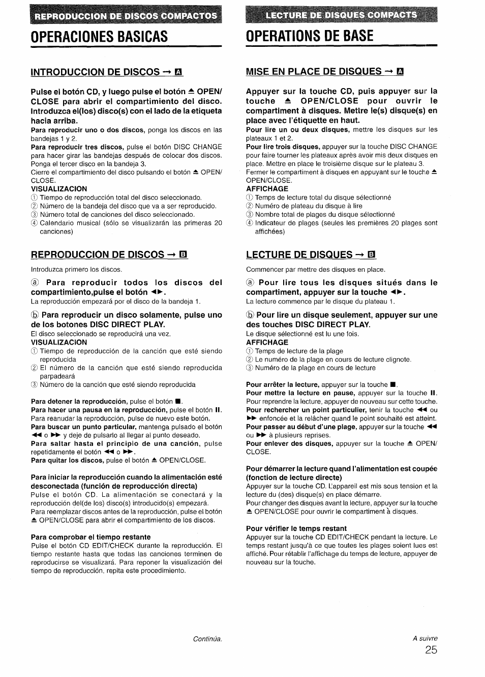 Operaciones basicas, Operations de base, Introduccion de discos h | Visualizacion, Mise en place de disques h, Affichage, Reproduccion de discos -t b, Para comprobar el tiempo restante, Lecture de disques -> h, Pour vérifier le temps restant | Aiwa NSX-V72 User Manual | Page 25 / 68