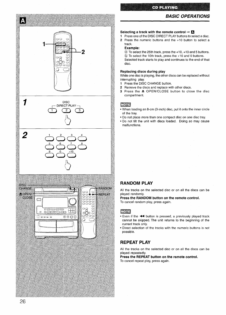 Selecting a track with the remote control q, Replacing discs during play, Random play | Repeat play, Bbhi, Basic operations | Aiwa NSX-V72 User Manual | Page 26 / 68