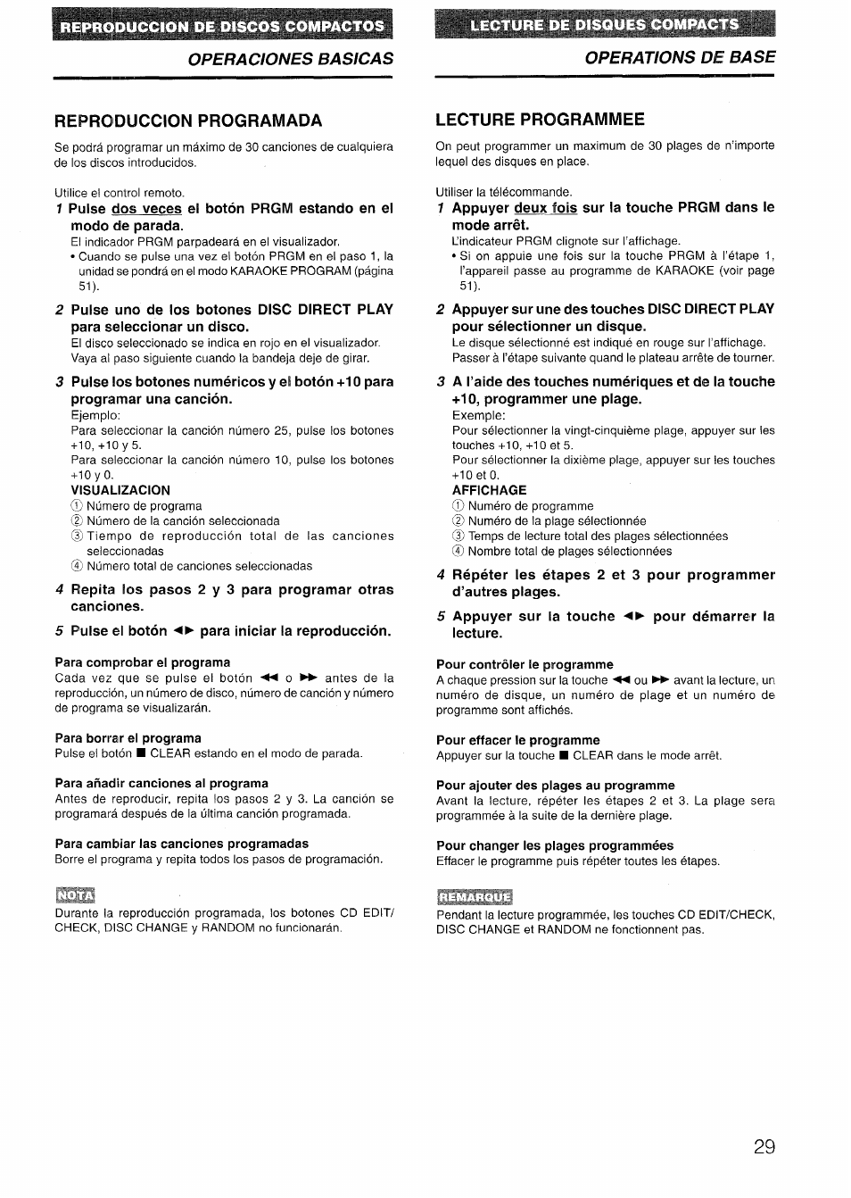 Reproduccion programada, Visualizacion, Lecture programmee | Pour contrôler le programme, Pour effacer le programme, Pour ajouter des plages au programme, Pour changer les plages programmées, Operaciones basicas, Operations de base reproduccion programada | Aiwa NSX-V72 User Manual | Page 29 / 68