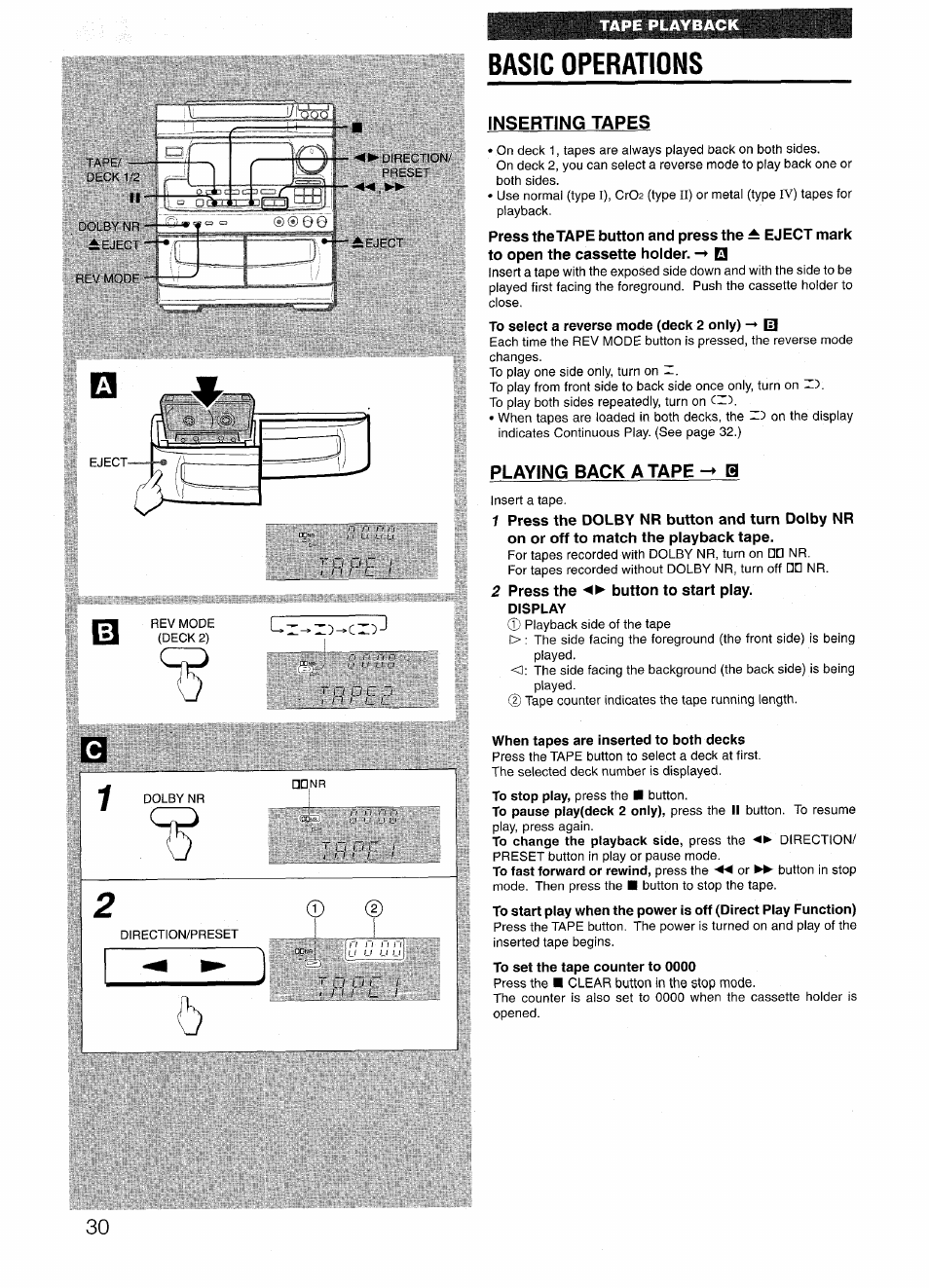 Basic operations, Inserting tapes, Playing back a tape -> h | 2 press the ◄► button to start play, Display, When tapes are inserted to both decks | Aiwa NSX-V72 User Manual | Page 30 / 68