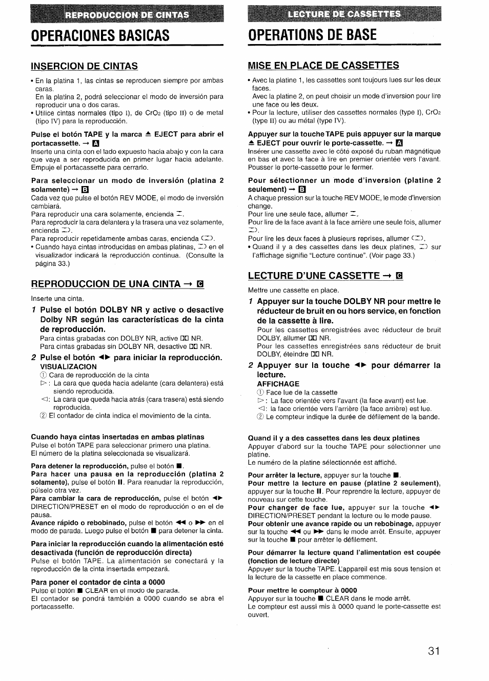 Operaciones basicas, Operations de base, Insercion de cintas | Reproduccion de una cinta b, Mise en place de cassettes, Lecture d’une cassette -> b | Aiwa NSX-V72 User Manual | Page 31 / 68