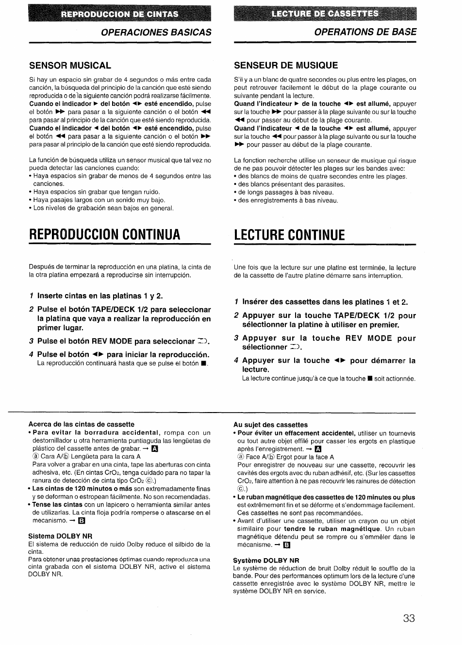 Sensor musical, Senseur de musique, Reproduccion continua | Acerca de las cintas de cassette, Sistema dolby nr, Au sujet des cassettes, Système dolby nr, Reproduccion continua lecture continue | Aiwa NSX-V72 User Manual | Page 33 / 68