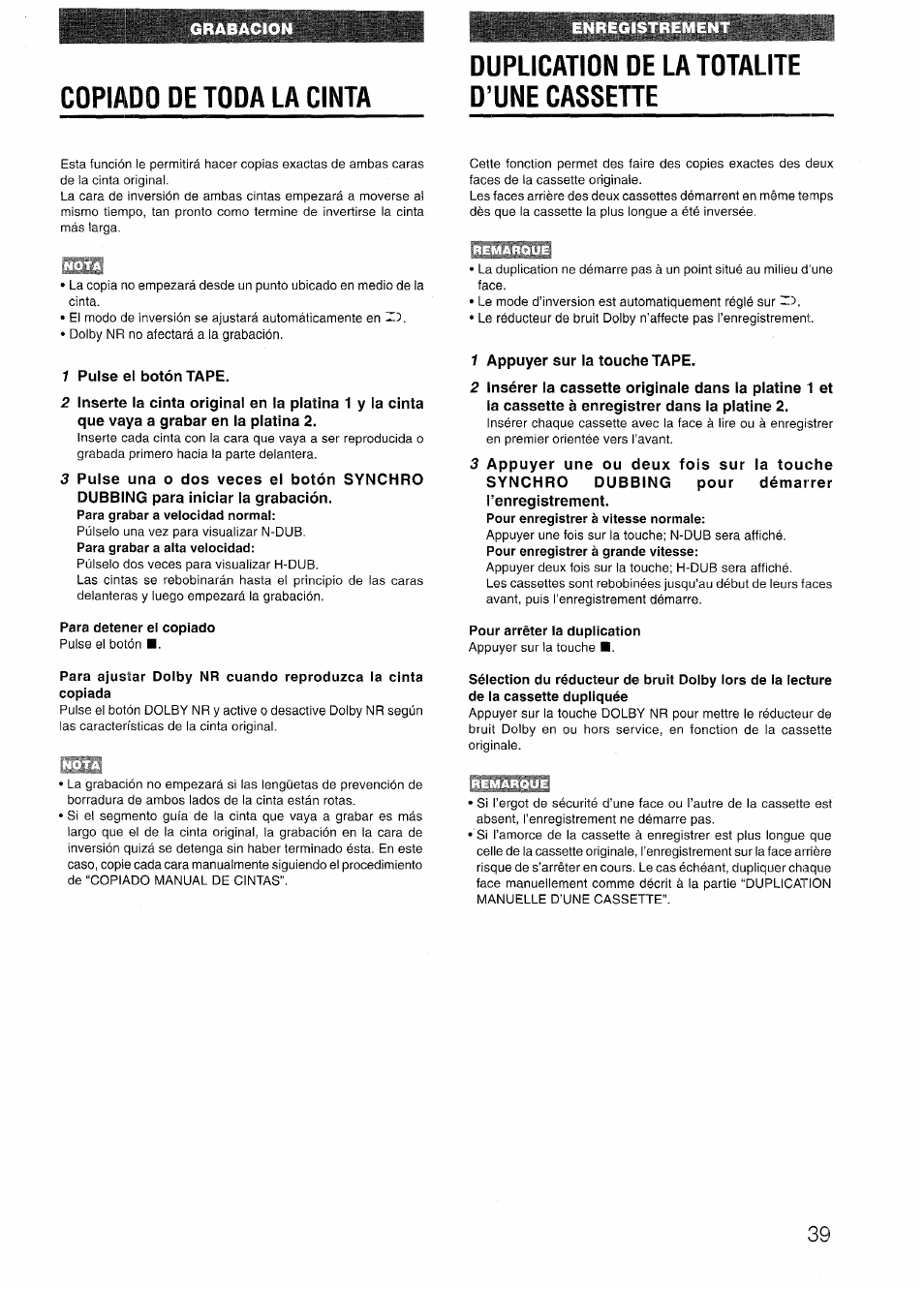 Copiado de toda la cinta, Duplication de la totalite d’une cassette, Para detener el copiado | Pour arrêter la duplication | Aiwa NSX-V72 User Manual | Page 39 / 68