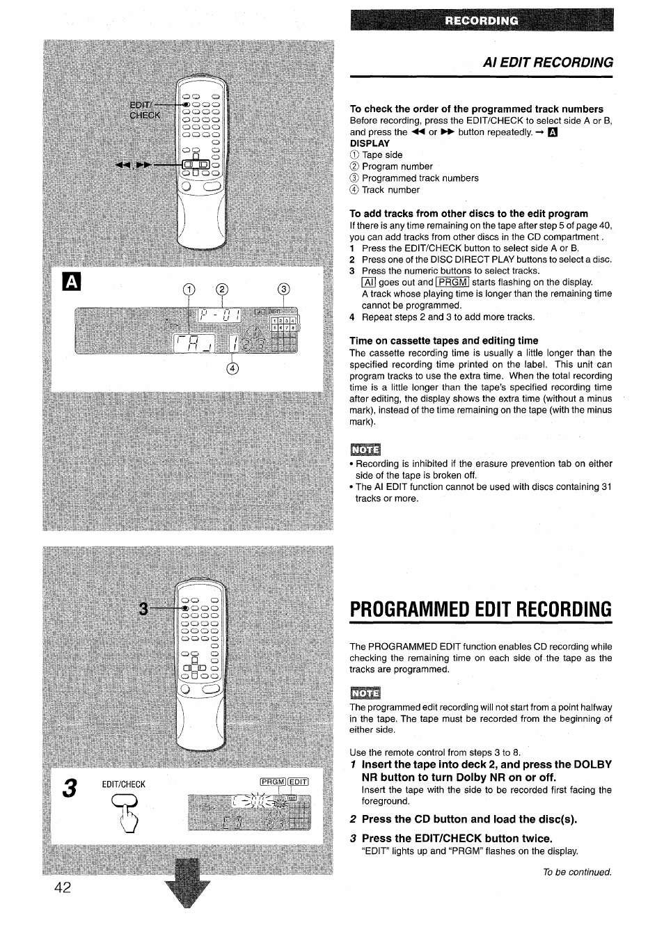 To check the order of the programmed track numbers, To add tracks from other discs to the edit program, Time on cassette tapes and editing time | Programmed edit recdrding, 2 press the cd button and load the disc(s), 3 press the edit/check button twice, Programmed edit recording, Al edit recording | Aiwa NSX-V72 User Manual | Page 42 / 68