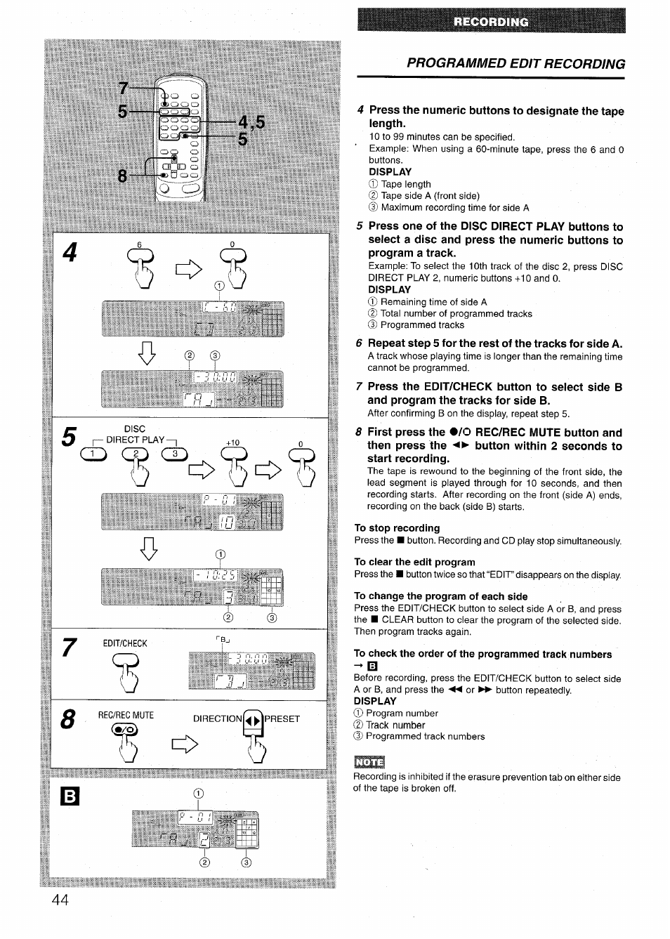 Display, To stop recording, To change the program of each side | To check the order of the programmed track numbers | Aiwa NSX-V72 User Manual | Page 44 / 68