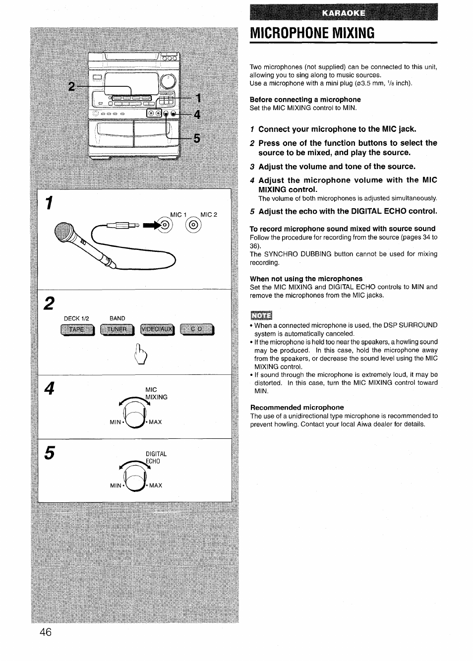 Microphone mixing, Before connecting a microphone, 1 connect your microphone to the mic jack | 3 adjust the voiume and tone of the source, 5 adjust the echo with the digital echo controi, To record microphone sound mixed with source sound, When not using the microphones, Recommended microphone, Microphone mixing 4 5 | Aiwa NSX-V72 User Manual | Page 46 / 68