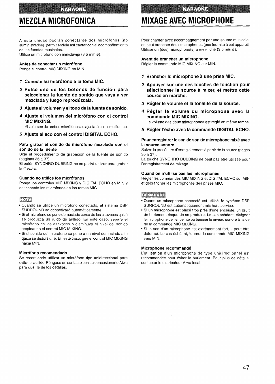 Mixage avec microphone, Antes de conectar un micrófono, Cuando no utilice los micrófonos | Avant de brancher un microphone, Quand on n’utilise pas les microphones, Micrófono recomendado, Microphone recommandé, Mezcla microfonica | Aiwa NSX-V72 User Manual | Page 47 / 68