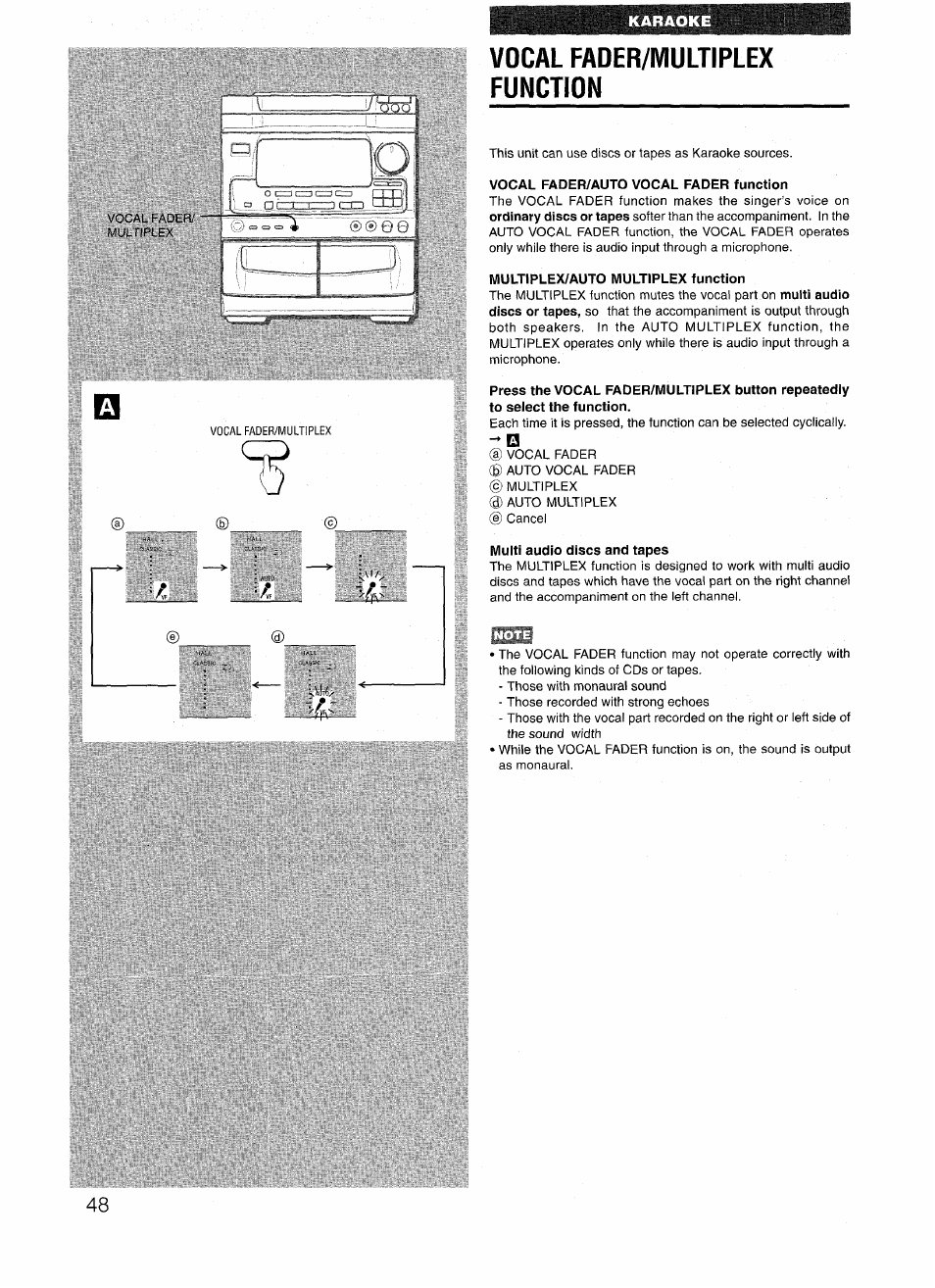 Vocal fader/multiplex function, Vocal fader/auto vocal fader function, Wiultiplex/auto multiplex function | Multi audio discs and tapes | Aiwa NSX-V72 User Manual | Page 48 / 68