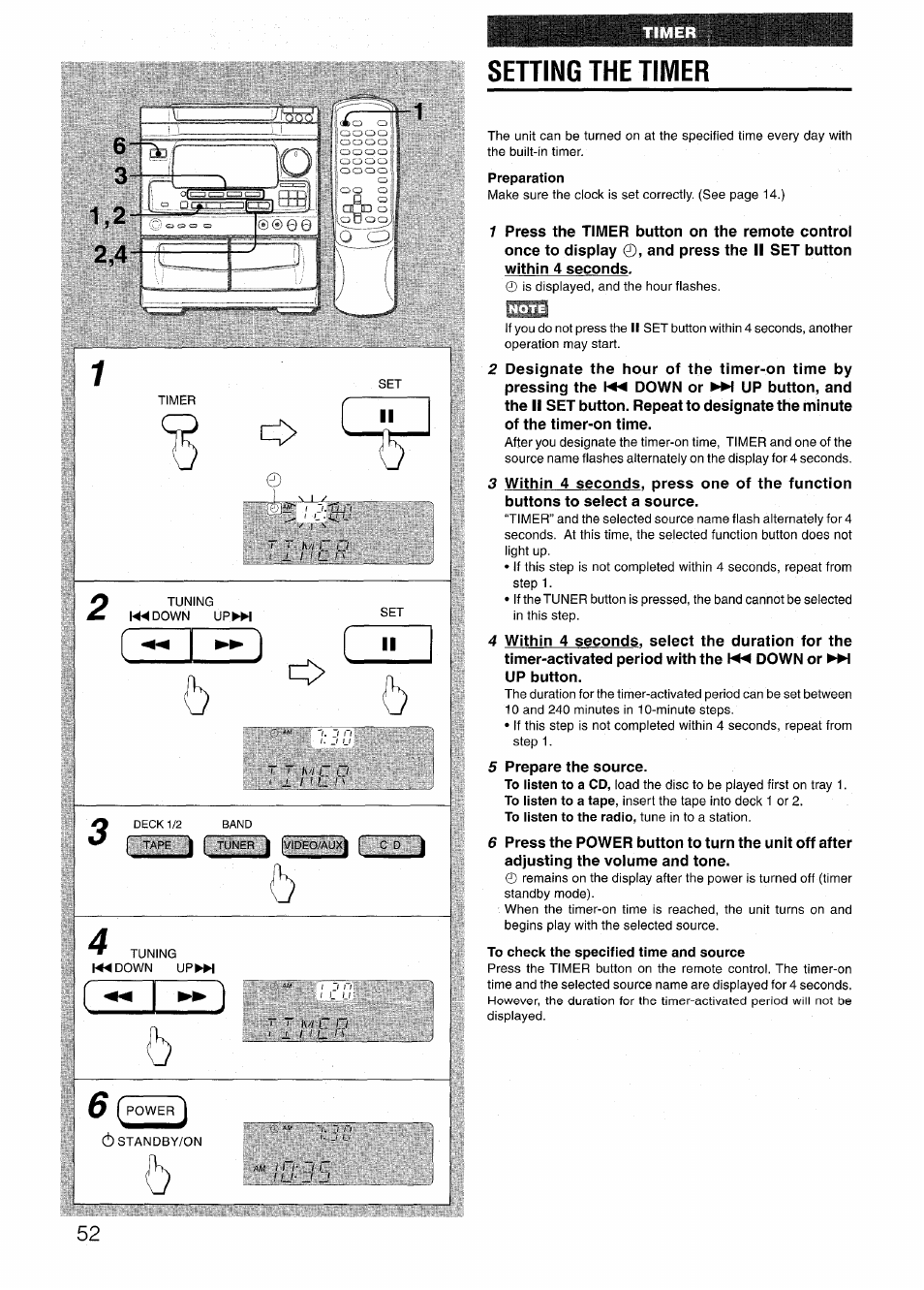 Sehing the timer, Preparation, To check the specified time and source | Setting the timer | Aiwa NSX-V72 User Manual | Page 52 / 68