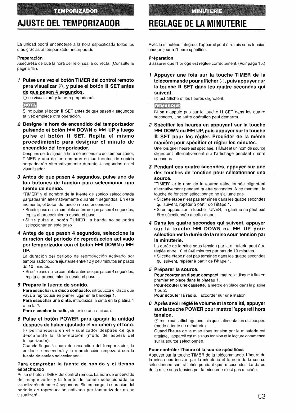 Ajuste del temporizador, Preparación, Préparation | Pour contrôler l’heure et la source spécifiées, Reglage de la minuterie | Aiwa NSX-V72 User Manual | Page 53 / 68