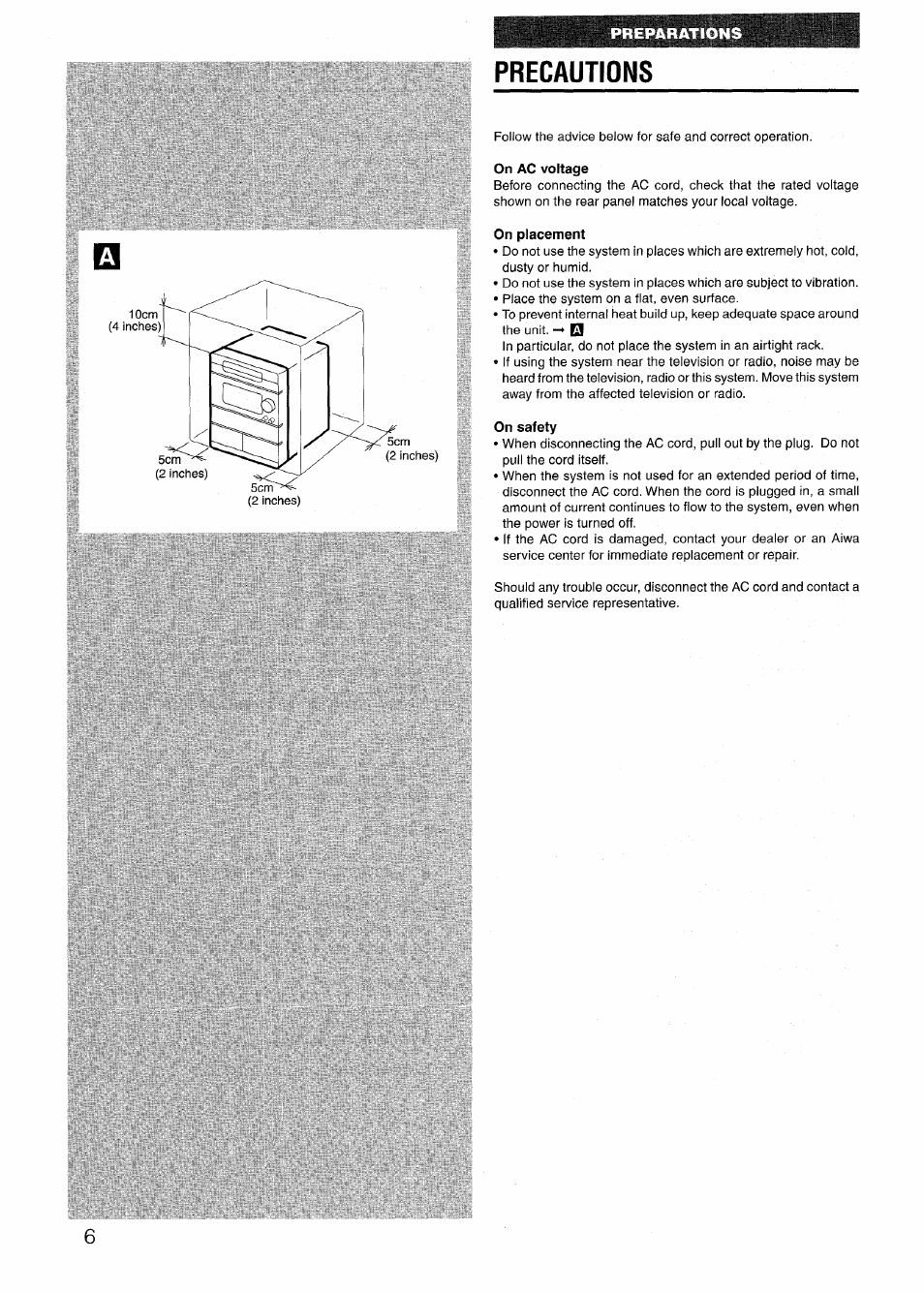 Precautions, On ac voltage, On placement | On safety | Aiwa NSX-V72 User Manual | Page 6 / 68