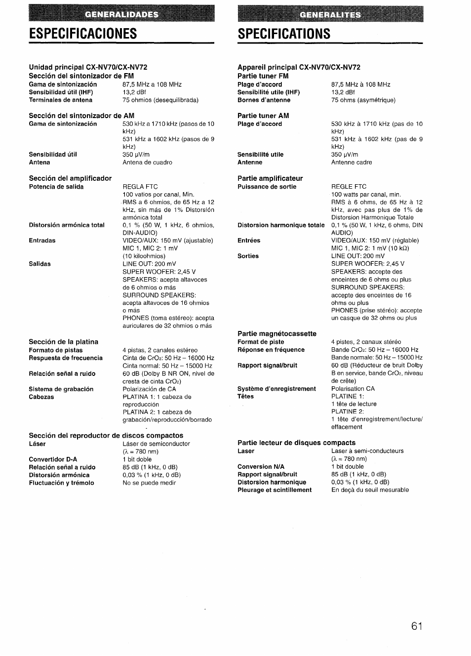 Especificaciones, Specifications | Aiwa NSX-V72 User Manual | Page 61 / 68