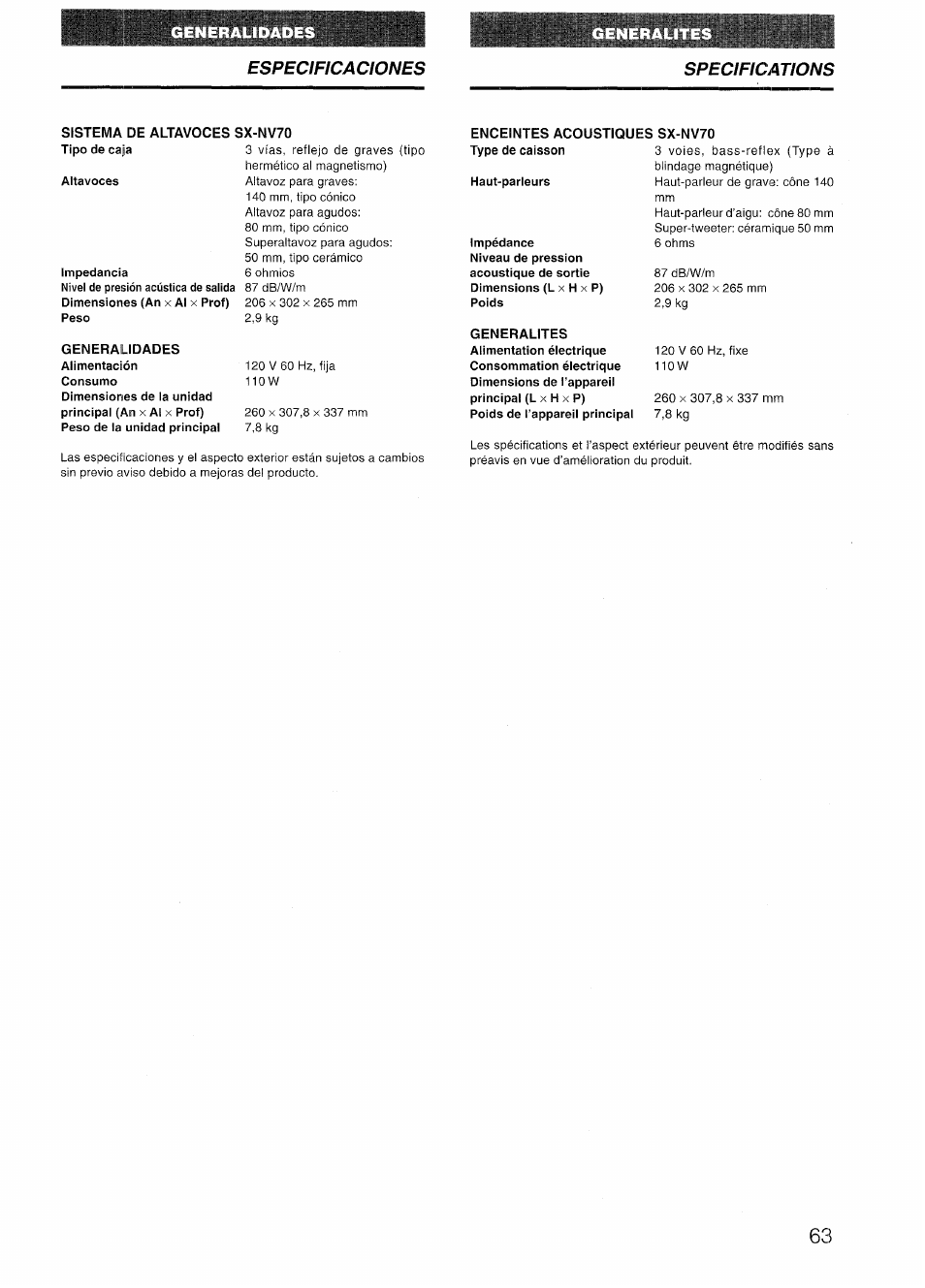 Sistema de altavoces sx-nv70, Enceintes acoustiques sx-nv70, Generalidades | Especificaciones specifications | Aiwa NSX-V72 User Manual | Page 63 / 68