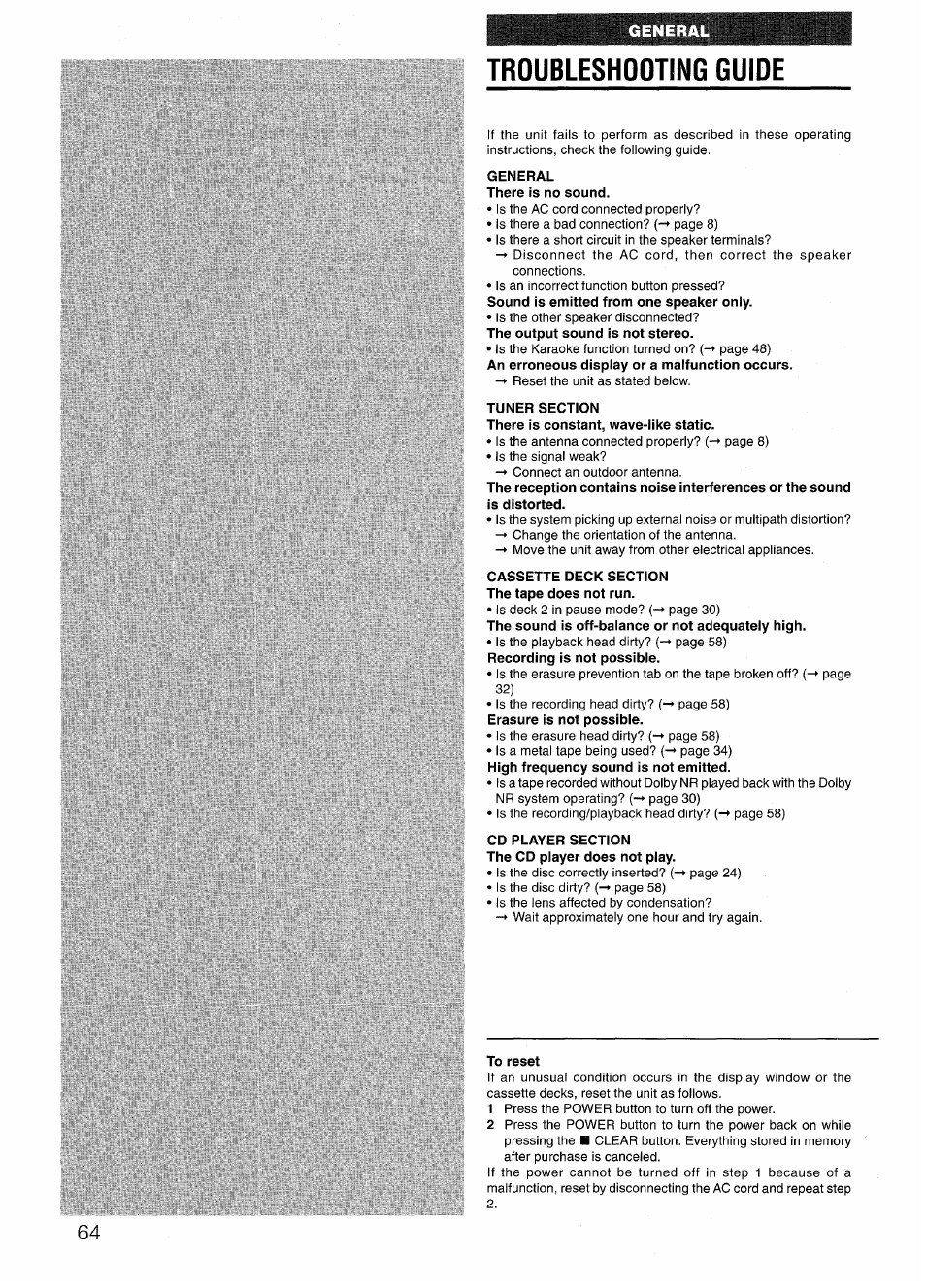 Troubleshooting guide, General there is no sound, Tuner section | Cassette deck section the tape does not run, Cd player section the cd player does not play, To reset | Aiwa NSX-V72 User Manual | Page 64 / 68