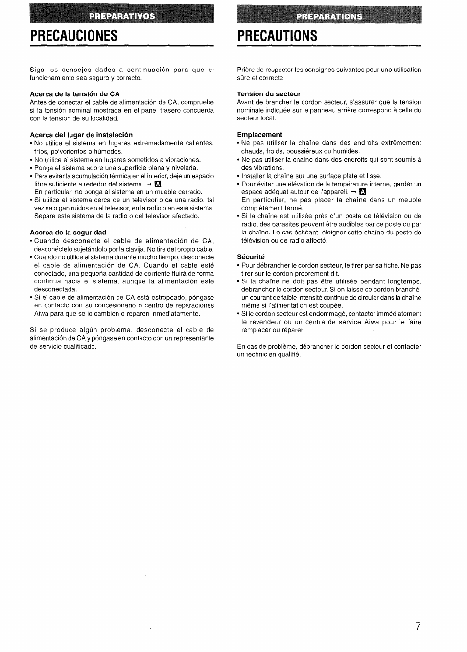 Precauciones, Precautions, Acerca de la tensión de ca | Tension du secteur, Acerca dei lugar de instalación, Acerca de la seguridad, Emplacement, Sécurité, Precauciones precautions | Aiwa NSX-V72 User Manual | Page 7 / 68