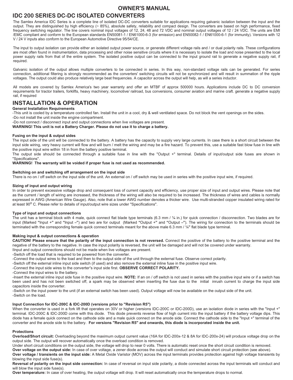 Installation & operation, Idc 200 series dc-dc isolated converters, Owner's manual | Samlex America IDC-200 User Manual | Page 2 / 4