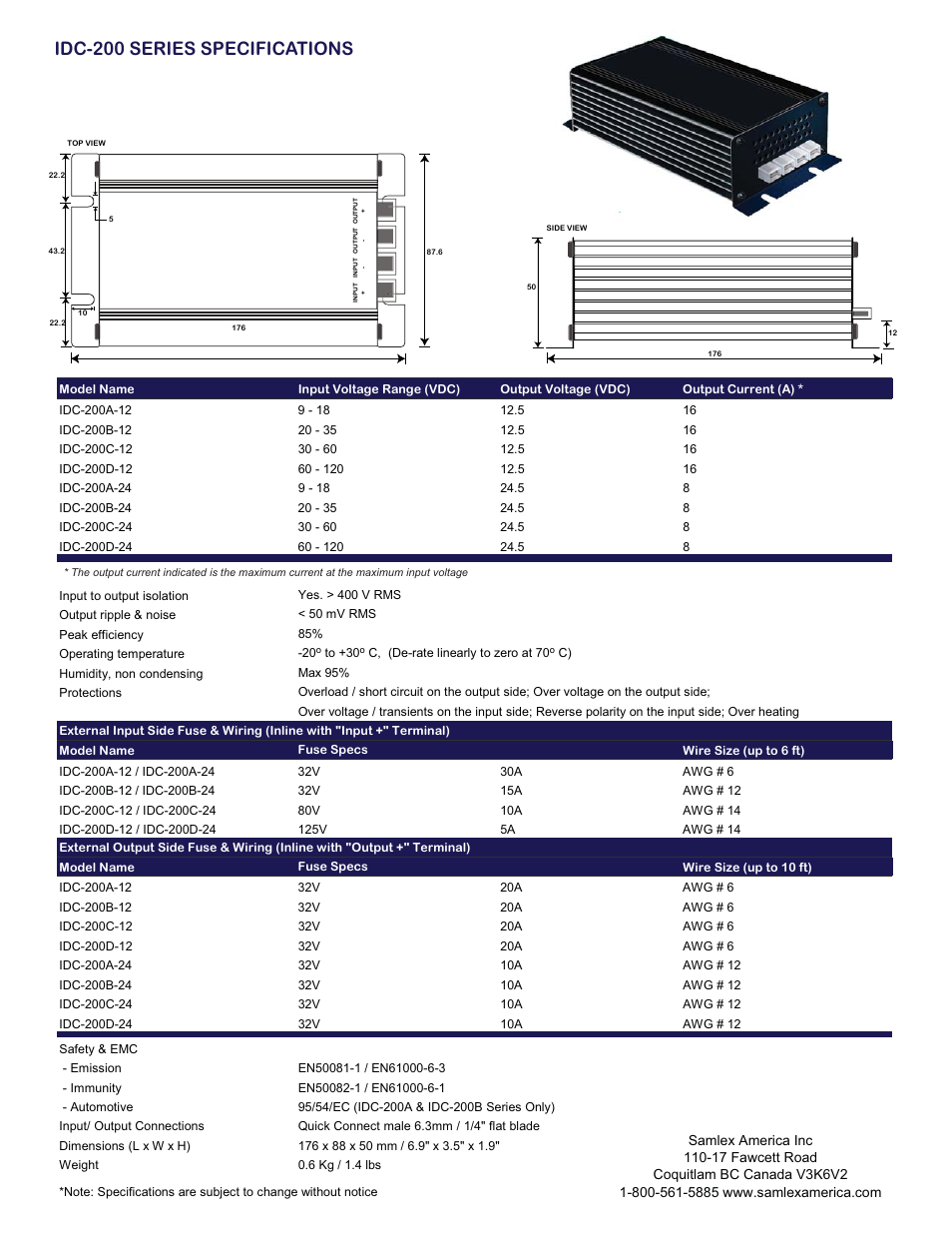 Idc-200 series specifications | Samlex America IDC-200 User Manual | Page 3 / 4