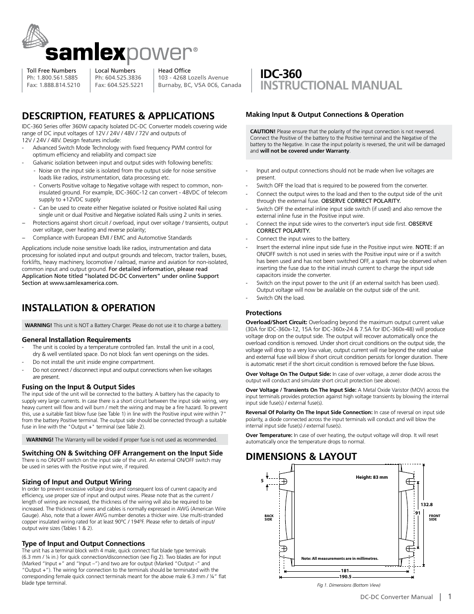 Samlex America IDC-360 User Manual | 2 pages