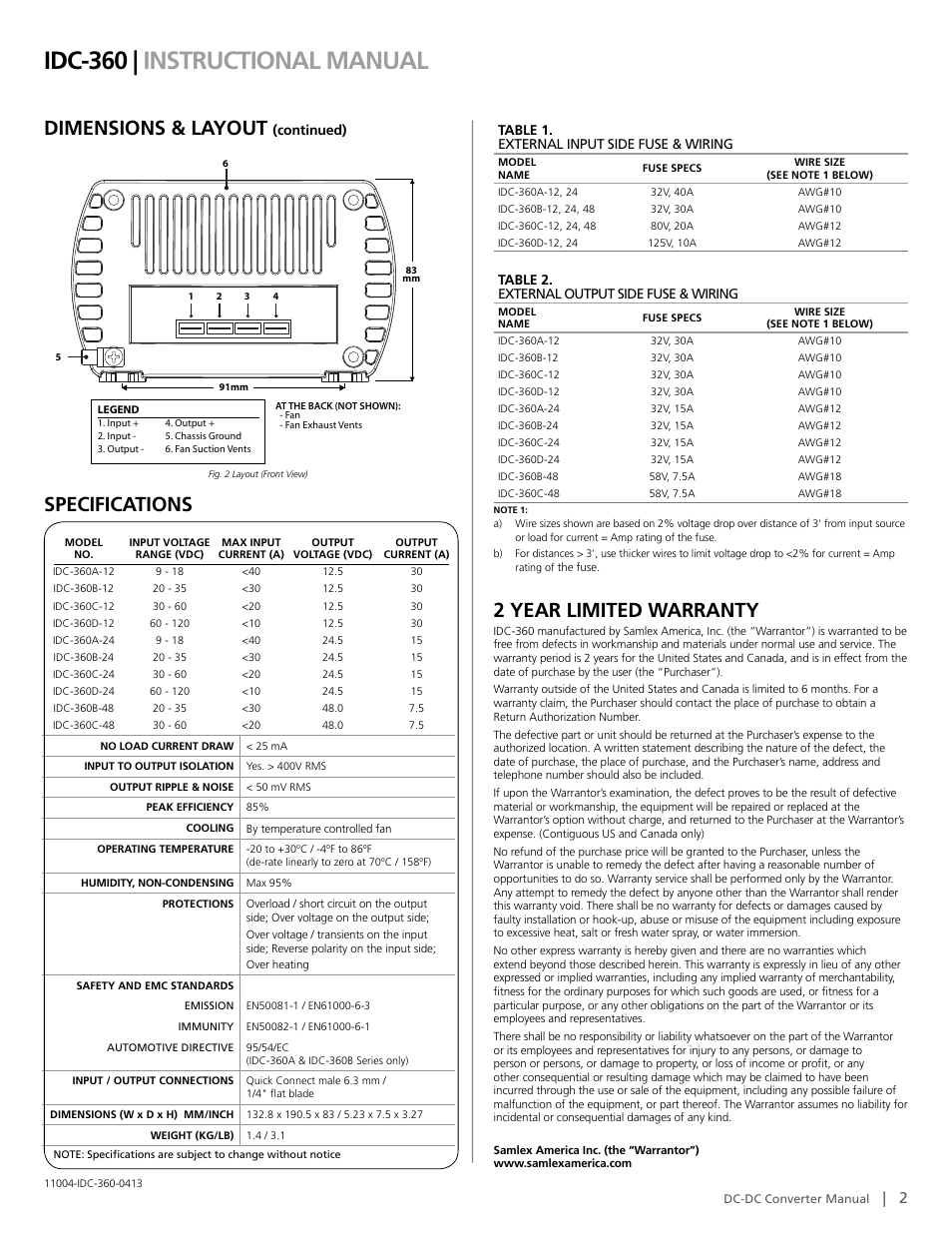 Idc-360 | instructional manual, Dimensions & layout, Specifications | 2 year limited warranty | Samlex America IDC-360 User Manual | Page 2 / 2