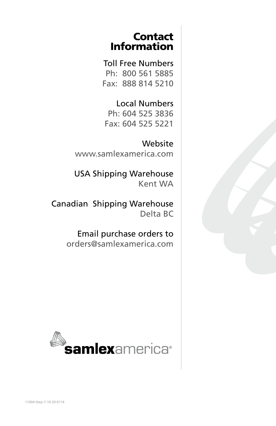 Contact information | Samlex America Step 20 User Manual | Page 14 / 14
