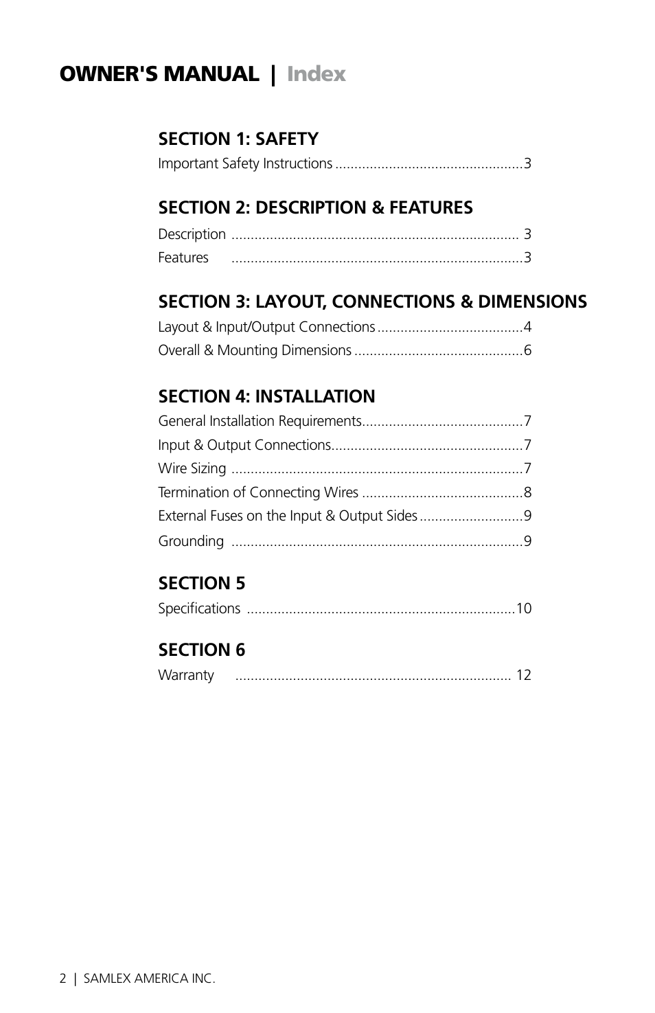 Owner's manual | index | Samlex America Step 20 User Manual | Page 2 / 14