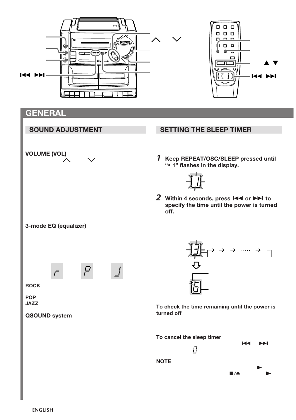 General, Sound adjustment, Setting the sleep timer | Aiwa CA-DW248 User Manual | Page 10 / 12