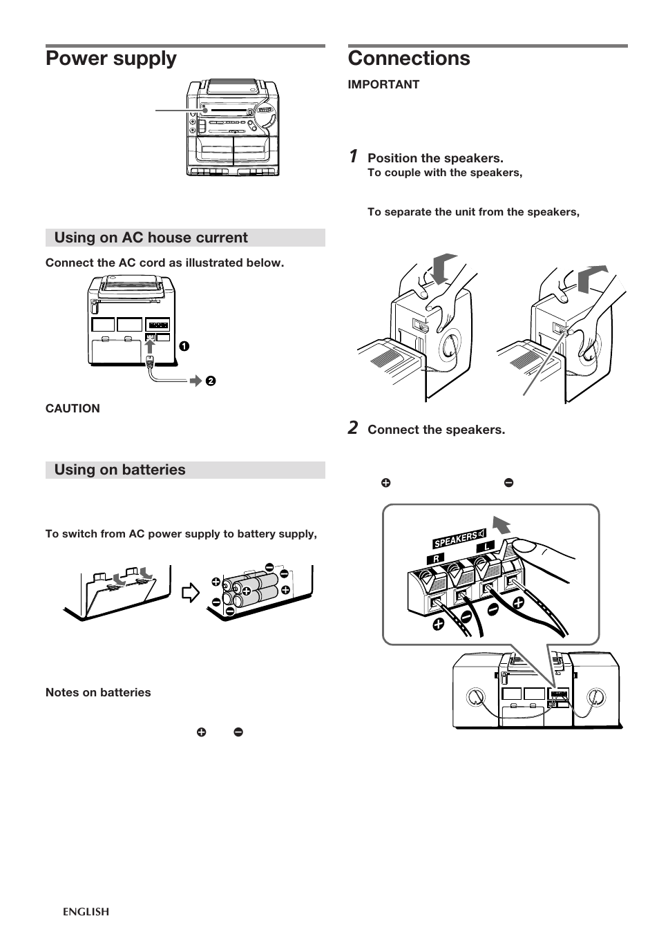 Power supply, Connections, Using on ac house current | Using on batteries | Aiwa CA-DW248 User Manual | Page 4 / 12