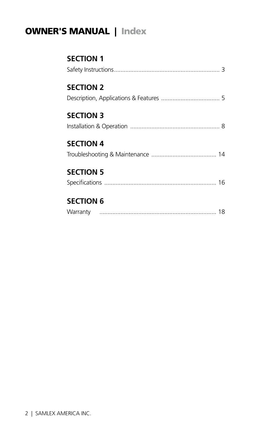 Owner's manual | index | Samlex America MSK-135 User Manual | Page 2 / 20
