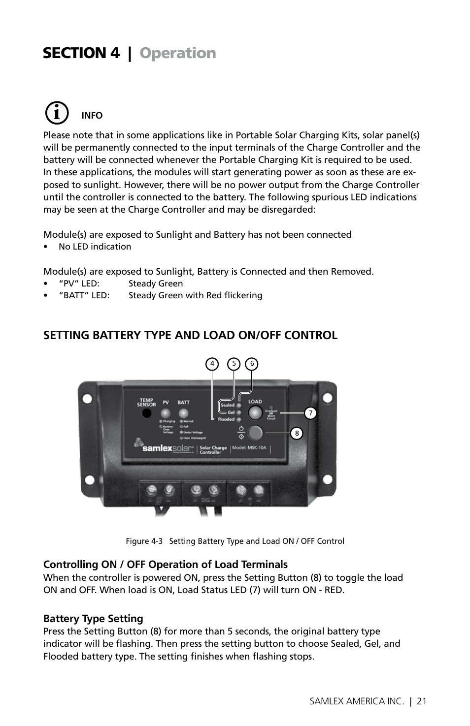 Setting battery type and load on/off control | Samlex America MSK-10A User Manual | Page 21 / 28