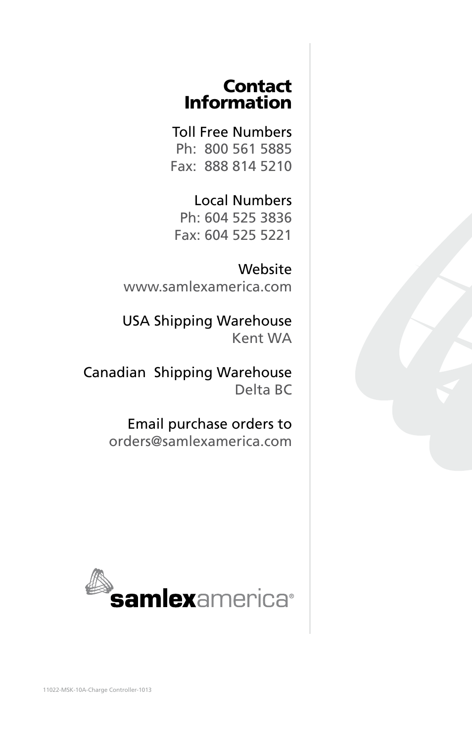 Contact information | Samlex America MSK-10A User Manual | Page 28 / 28