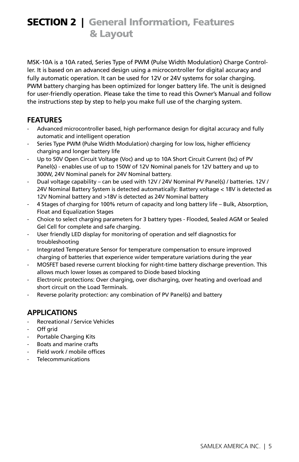Features, Applications | Samlex America MSK-10A User Manual | Page 5 / 28