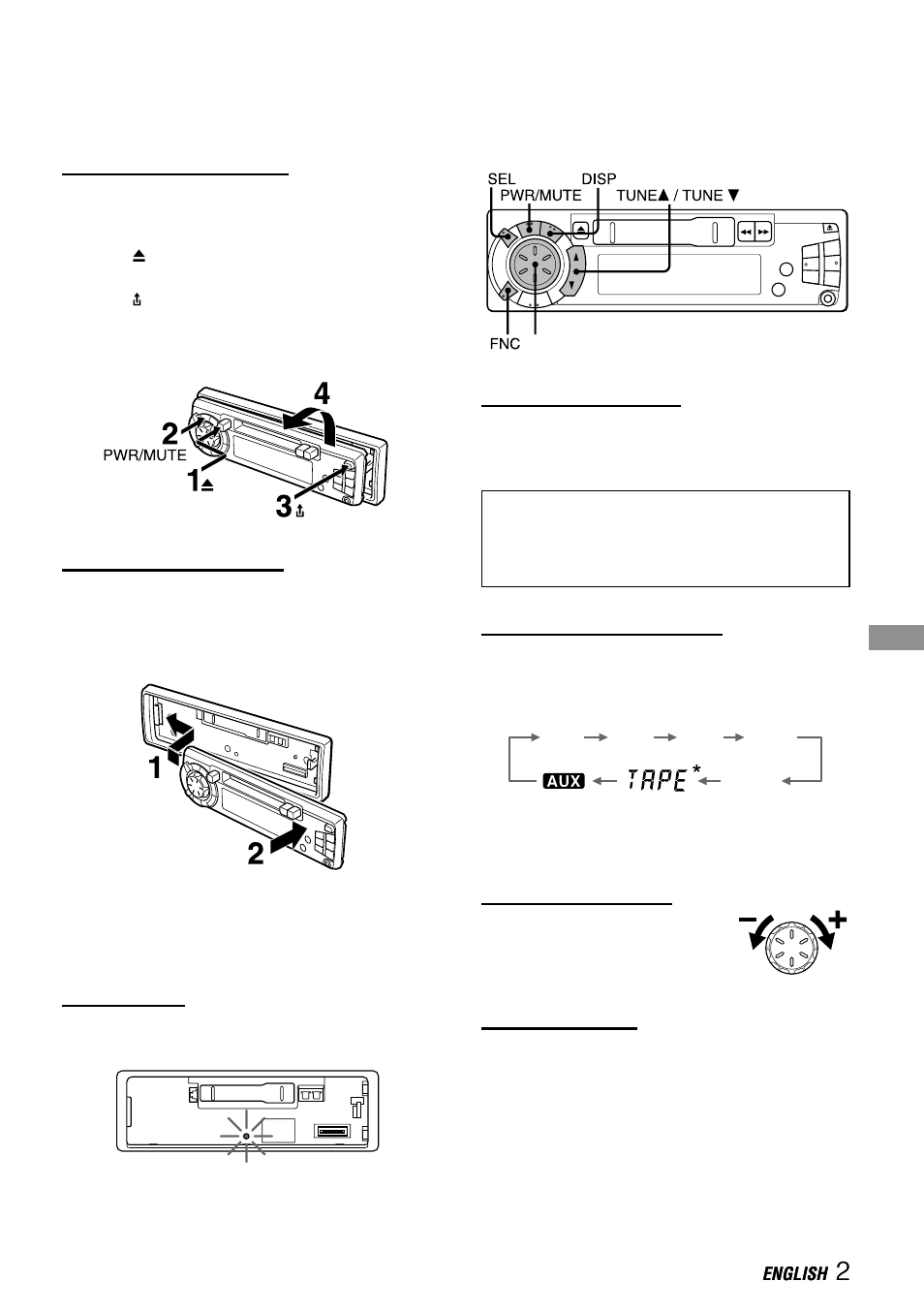 Theft protection, Detaching the front panel, Basic operation, audio and clock adjustment | Attaching the front panel, Security lamp, Turning the unit on/off, Changing the source mode, Adjusting the volume, Muting the sound, Fm^fm^fm^am 1 | Aiwa CT-X411YU User Manual | Page 3 / 6