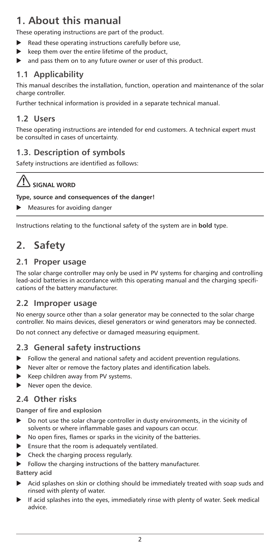 About this manual, Safety, 1 applicability | 2 users, Description of symbols, 1 proper usage, 2 improper usage, 3 general safety instructions, 4 other risks | Samlex America Steca_Solarix_PRS User Manual | Page 2 / 10